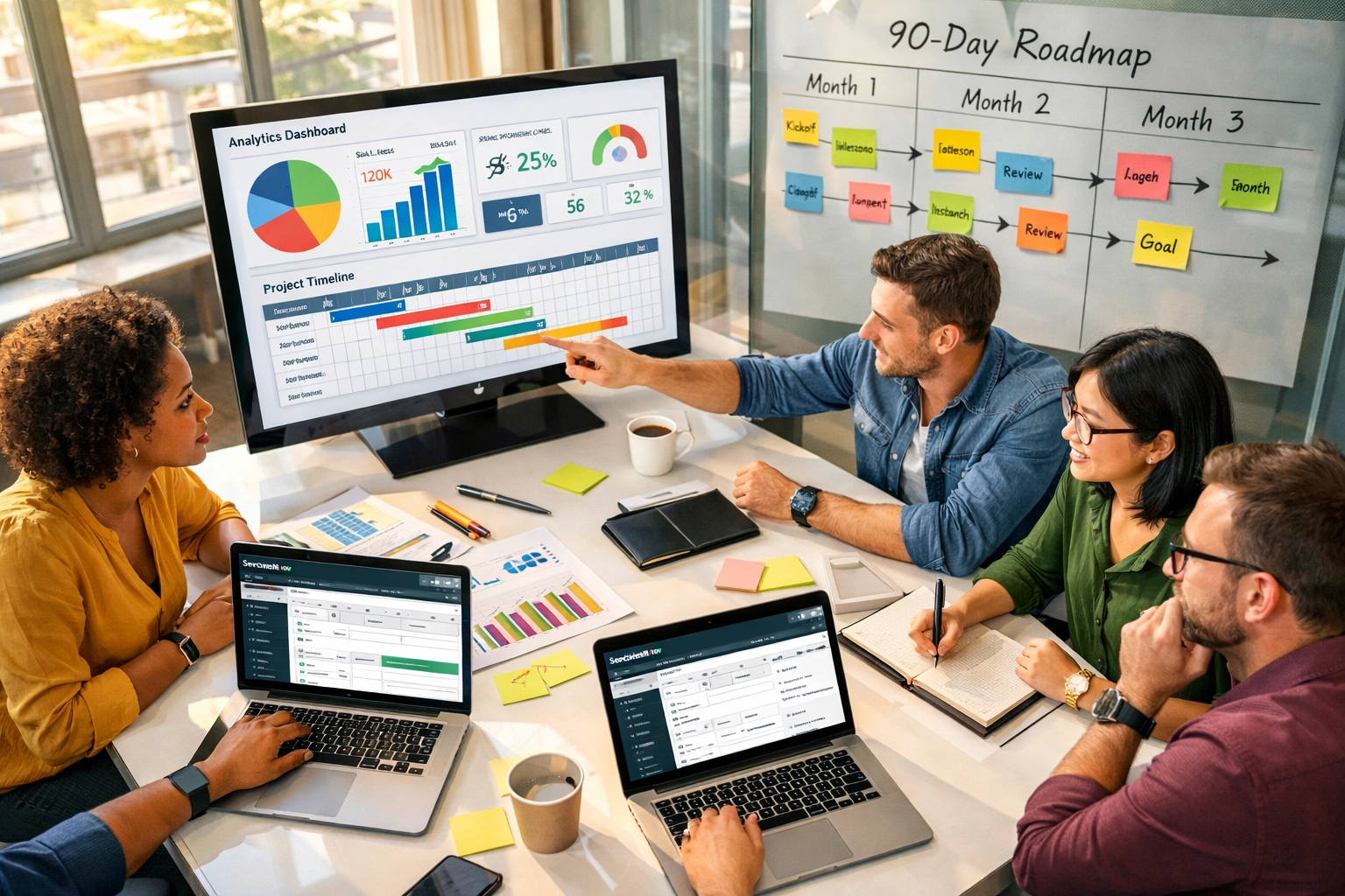 ServiceNow implementation team collaborating on ITOM roadmap and ROI optimization strategy