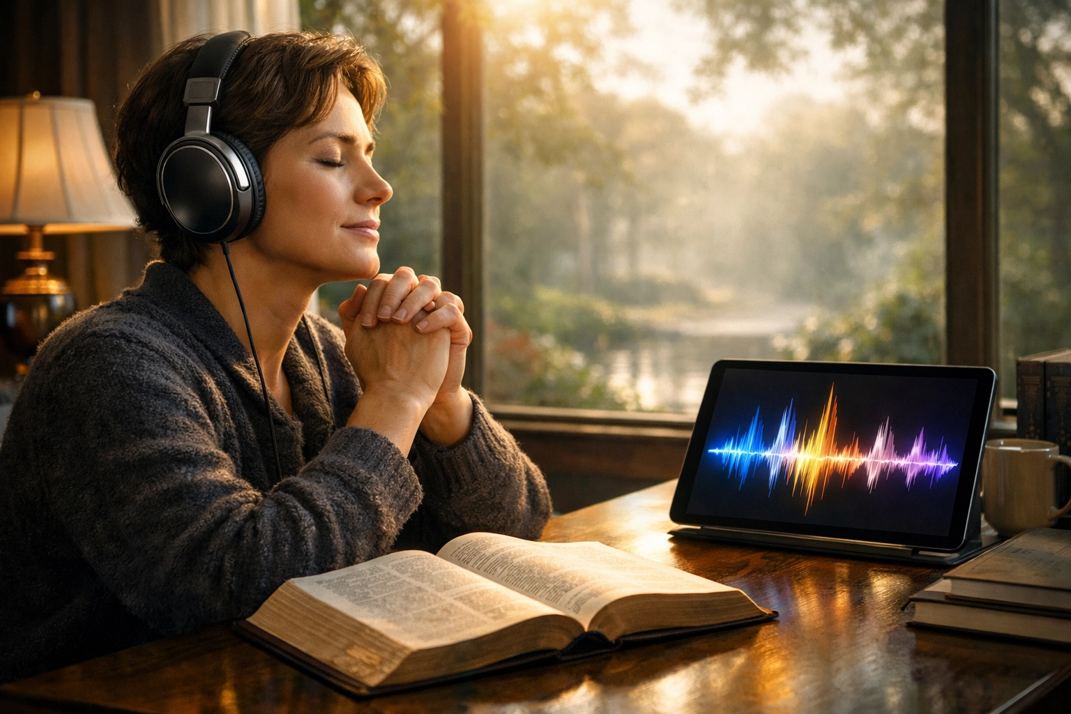 Person wearing headphones while studying the Bible, using gospel media for consistent daily devotions and worship.