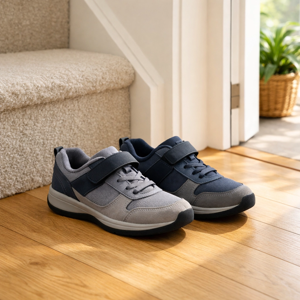 Sturdy indoor walking shoes with firm soles sitting on a landing next to a safe, carpeted staircase.