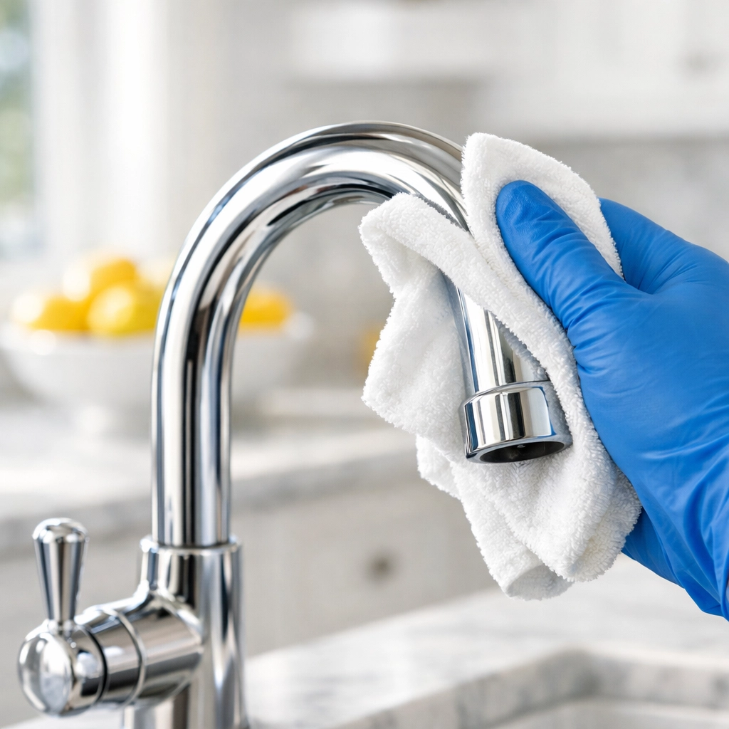Professional move-in cleaning in West Harwich, MA polishing a kitchen faucet before new homeowners unpack.