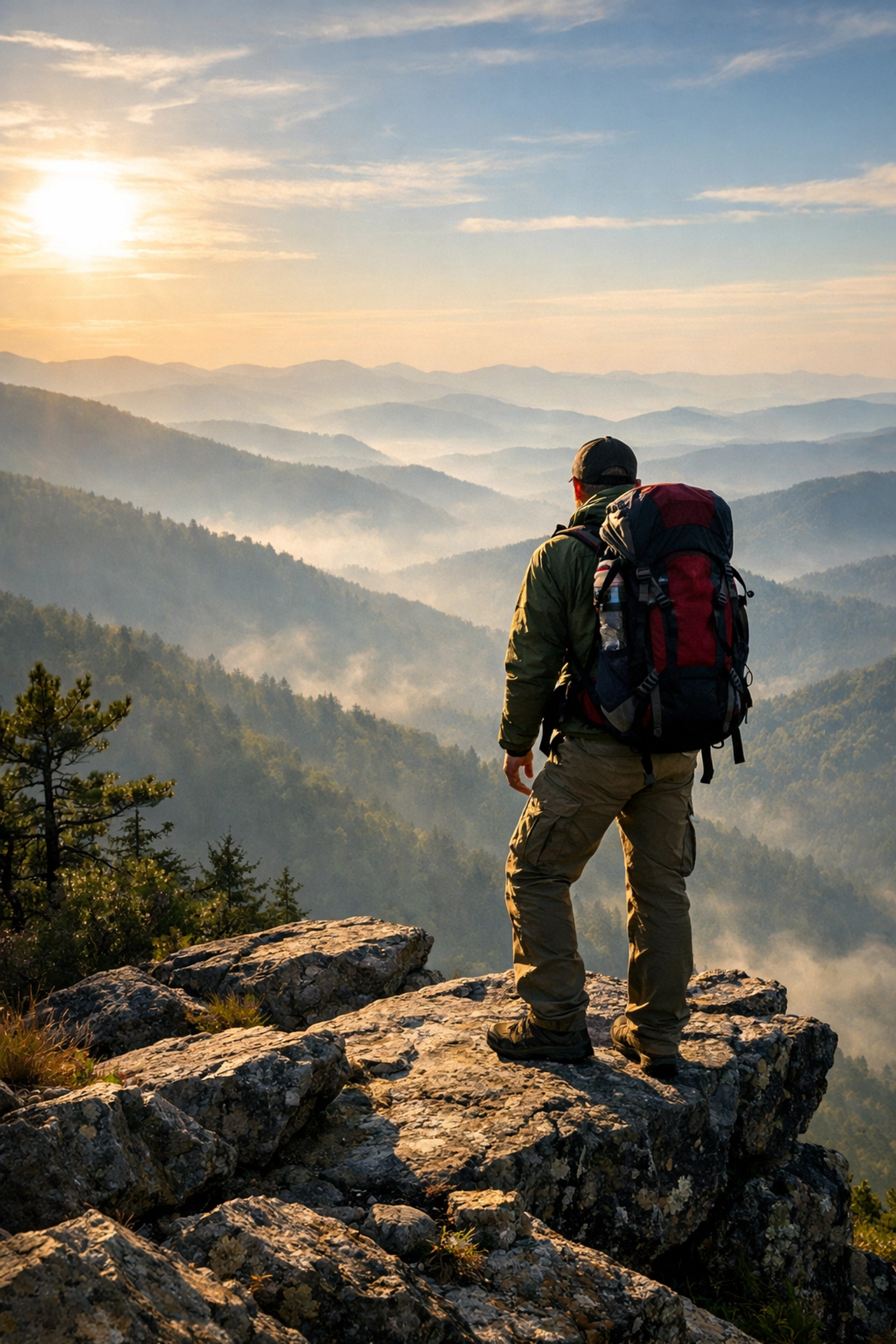Hiker overlooking mountain views on Appalachian Trail in Greene County Tennessee