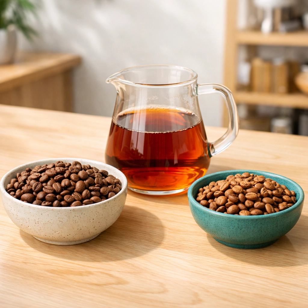 Freshly roasted specialty coffee beans and a carafe of single origin coffee in a light-filled roastery.