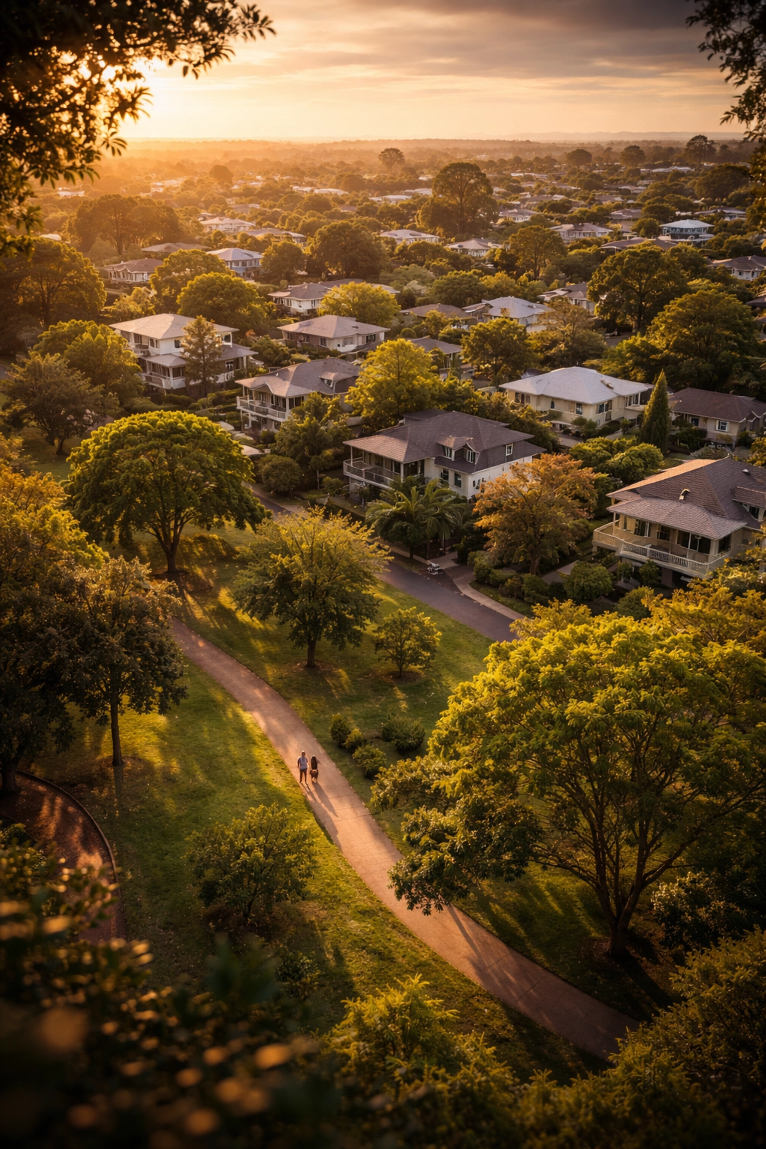 Aerial view of Brisbane's leafy premium suburbs at sunset, highlighting pet-friendly neighborhoods for vet clinics.