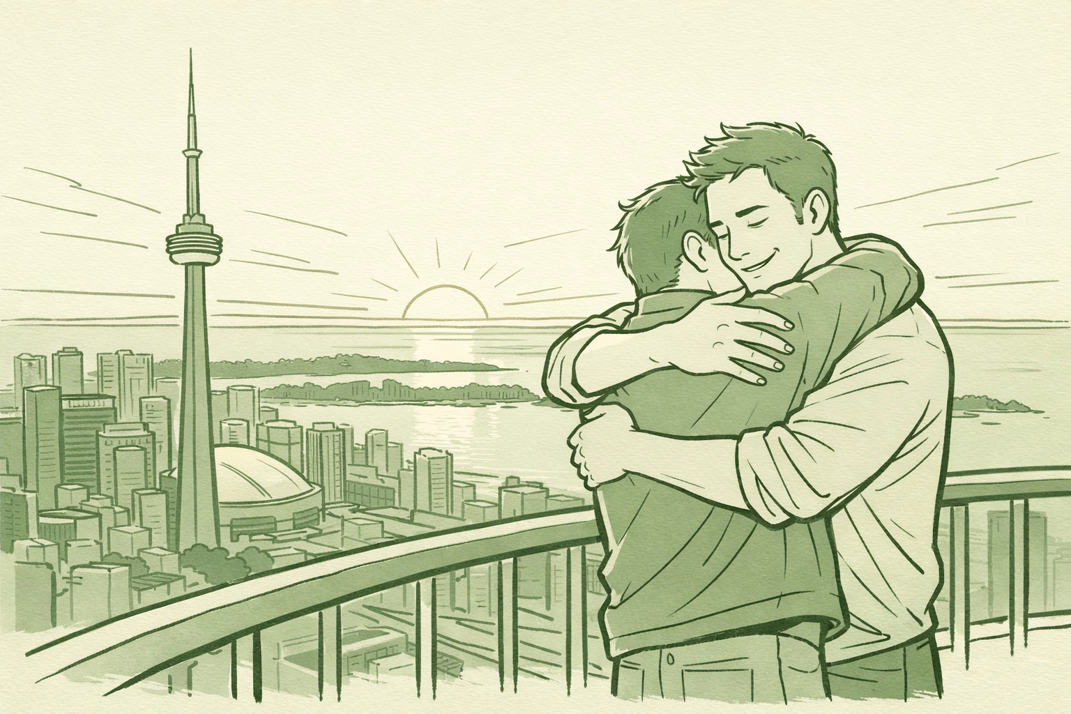 Male couple embracing on CN Tower observation deck at sunset, MM romance happy ending in Toronto