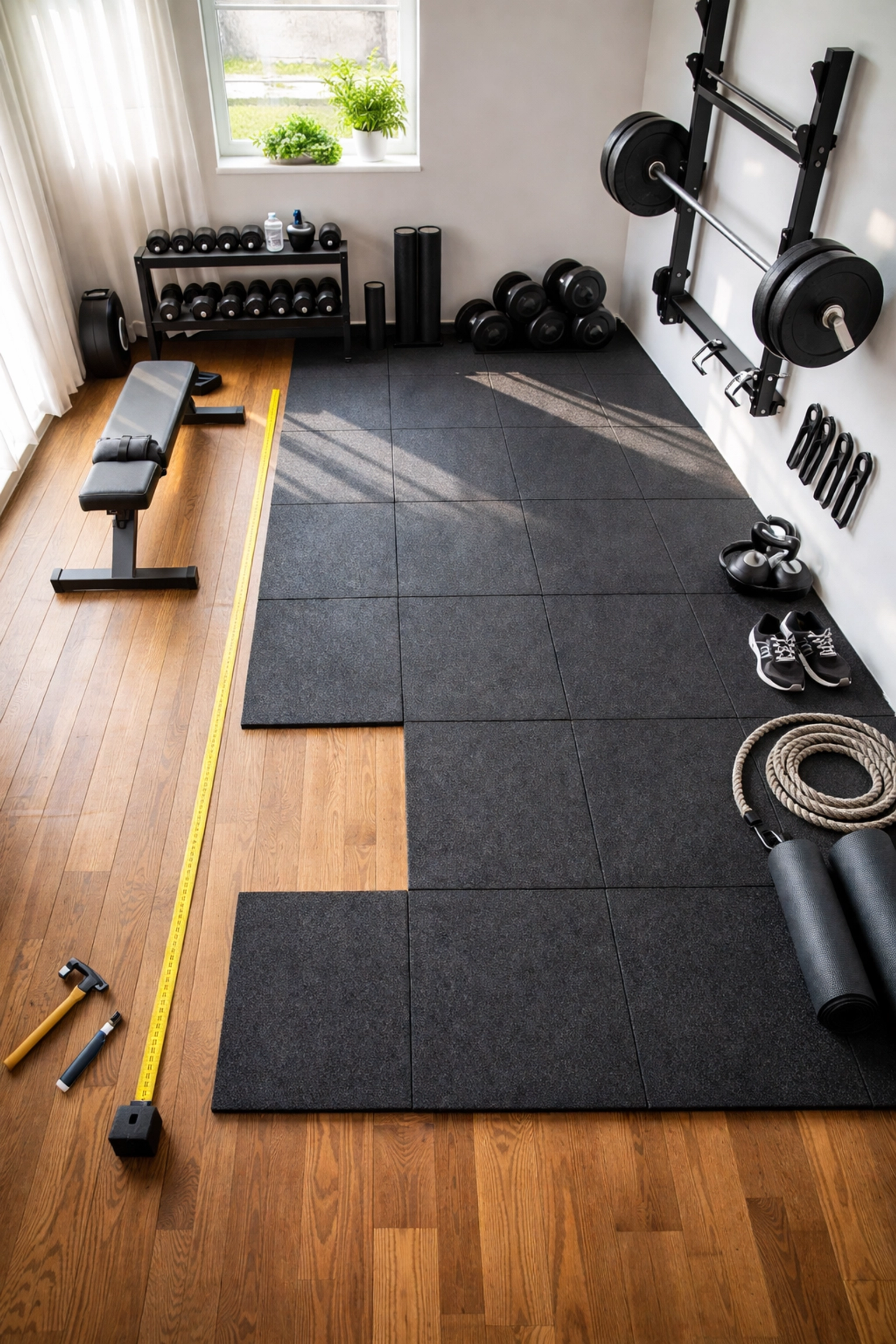 Compact home gym setup with gym flooring and tape measure demonstrates smart space planning.