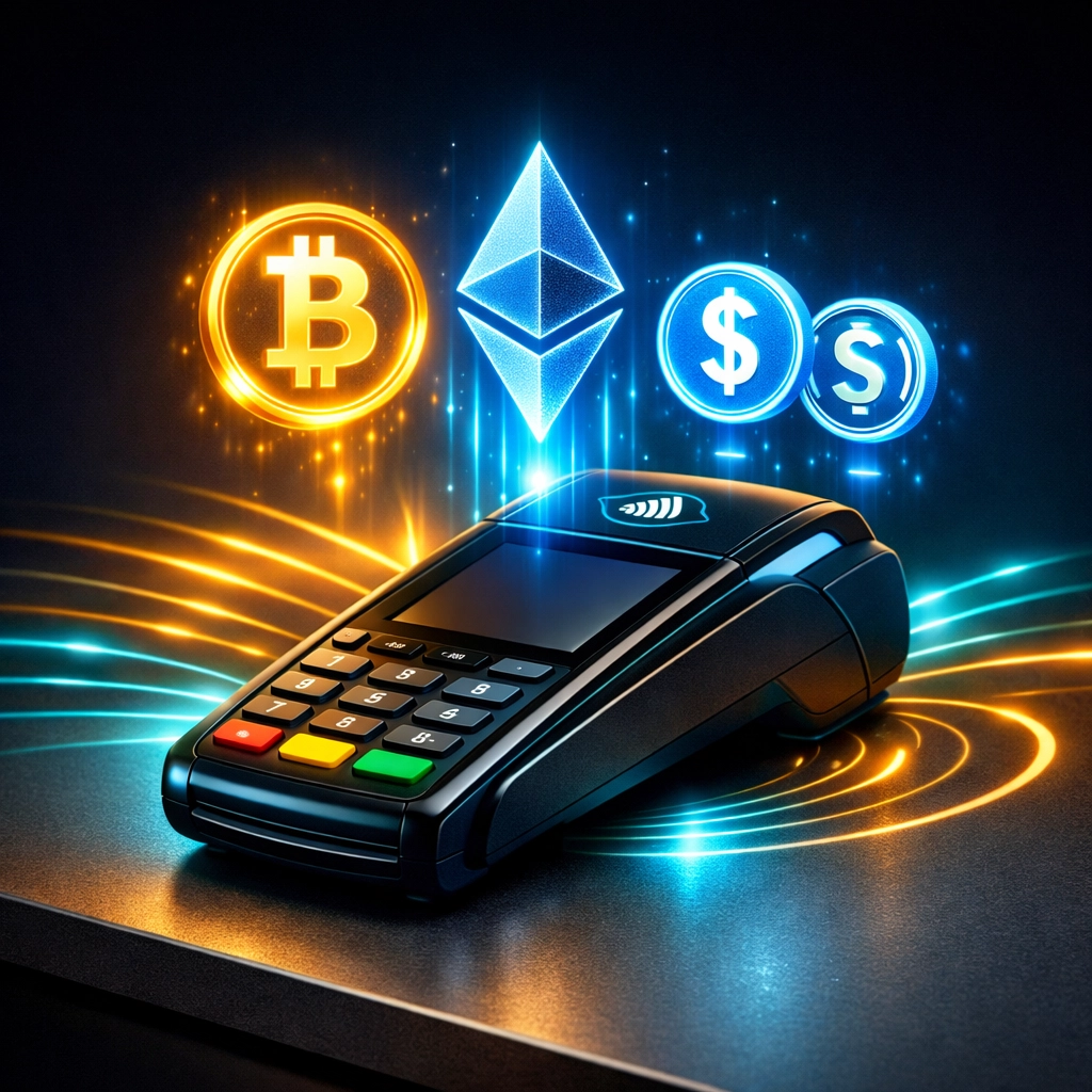 Modern crypto POS terminal with holographic cryptocurrency symbols for Web3 merchant payments