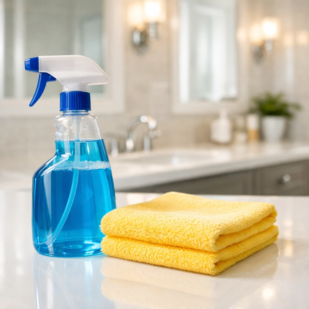 Professional cleaning supplies and a sanitized bathroom vanity reflecting affordable apartment cleaning cost.