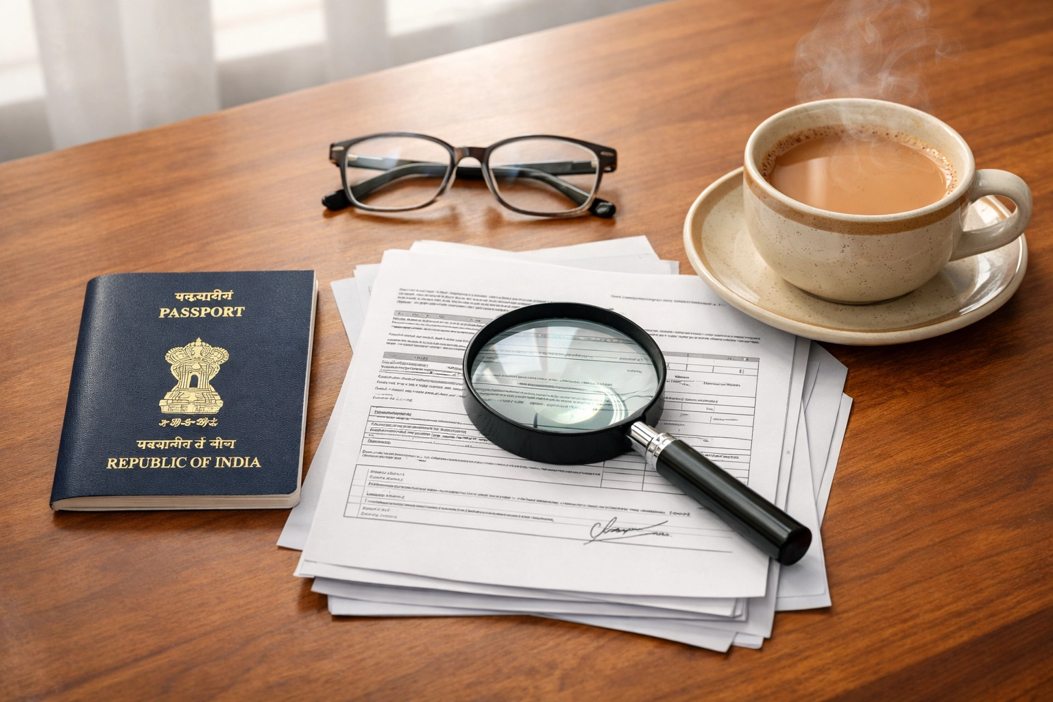 Indian passport and legal documents on a desk for visa application verification and immigration law compliance.