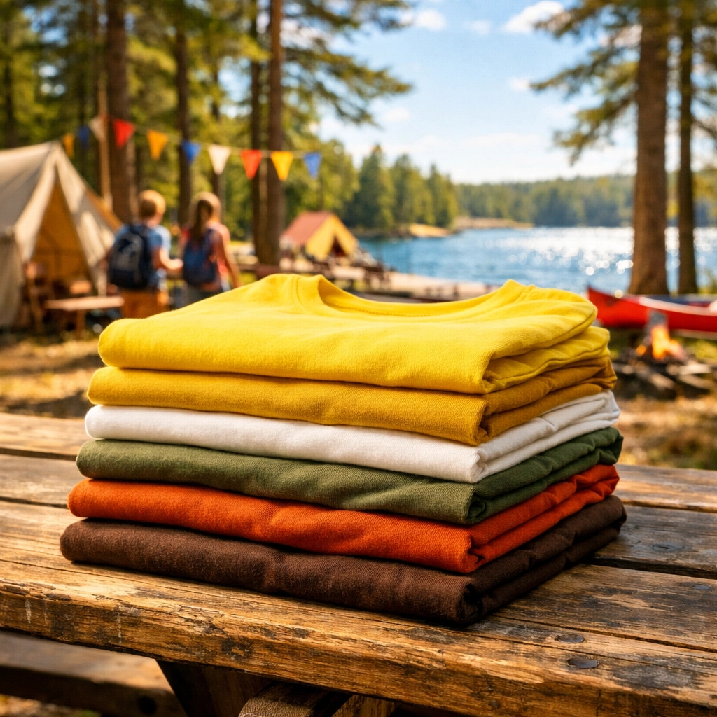 Professionally folded custom camp staff shirts on a picnic table in a scenic summer camp setting.
