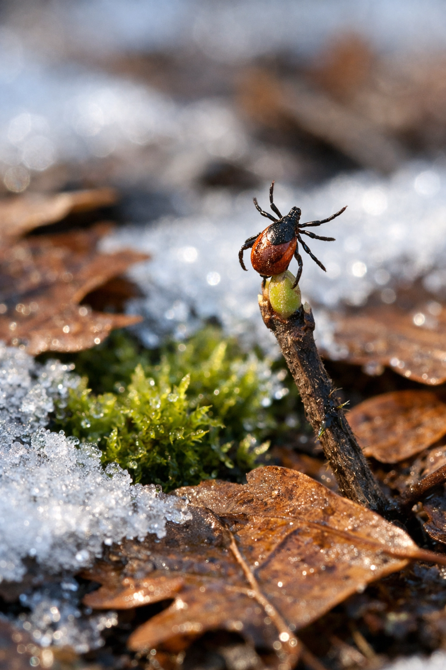 Deer tick questing on a budding twig in Westchester County during early spring.