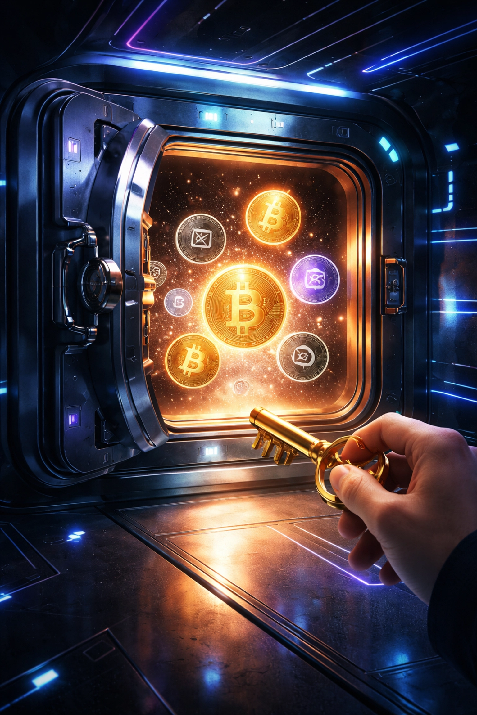A secure vault opening to show cryptocurrency coins, symbolizing Larecoin’s self-custody and merchant fund control.