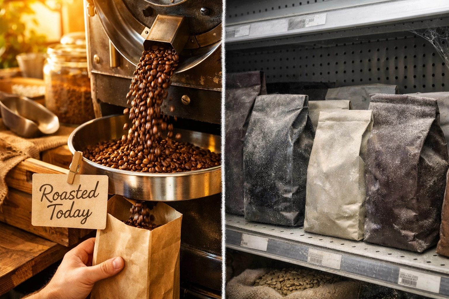 Freshly roasted coffee beans vs aged supermarket coffee on store shelf
