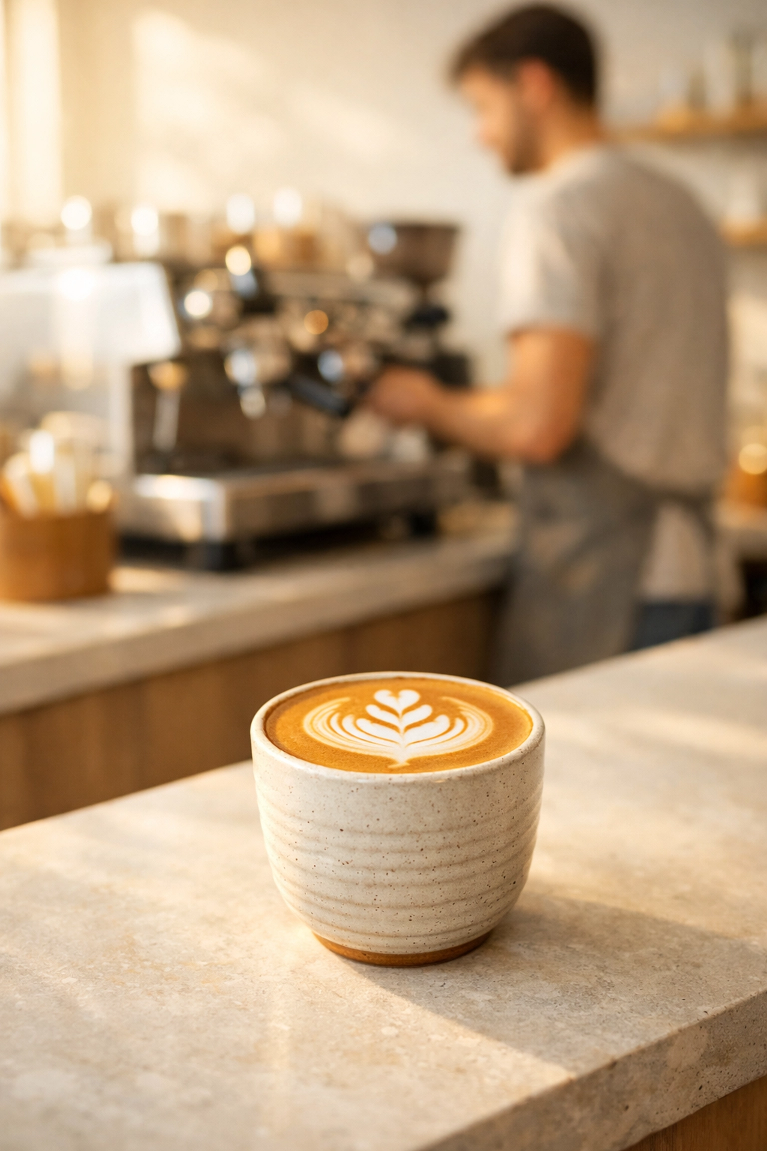 A perfectly poured flat white with tulip latte art on a café counter featuring an espresso machine.