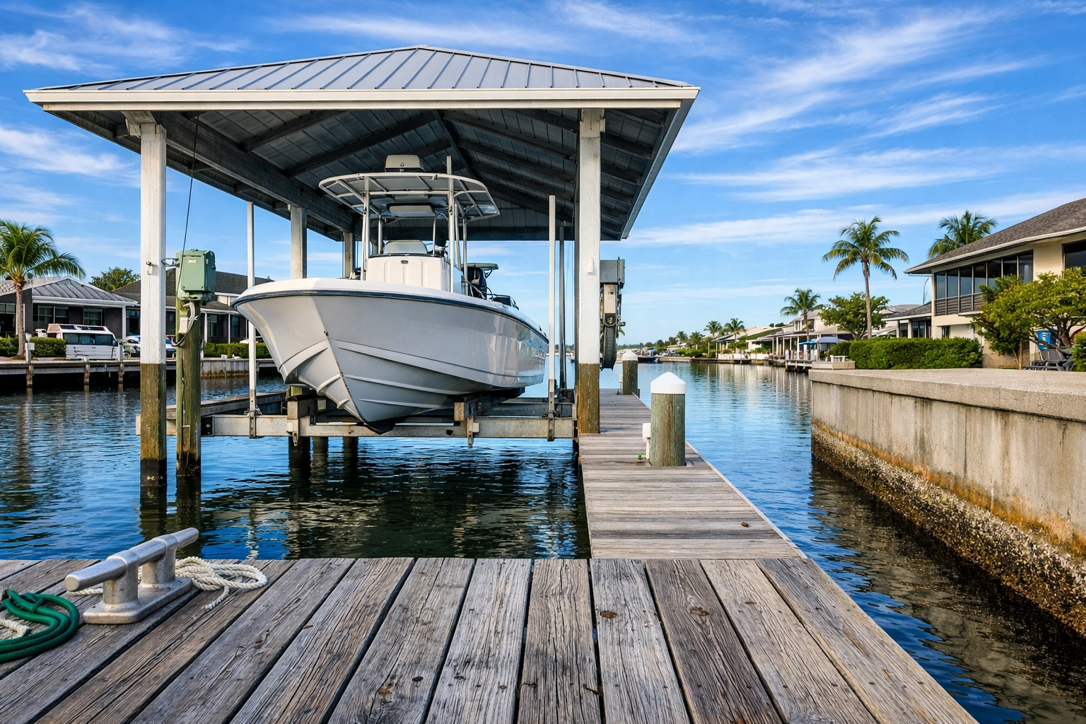 Cape Coral waterfront dock with boat lift showing maintenance reality of canal living