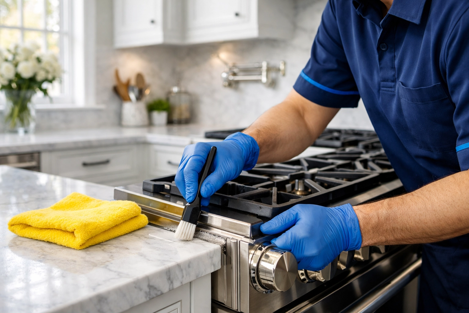 Professional deep cleaning specialist scrubbing a stovetop in a modern Westborough kitchen.