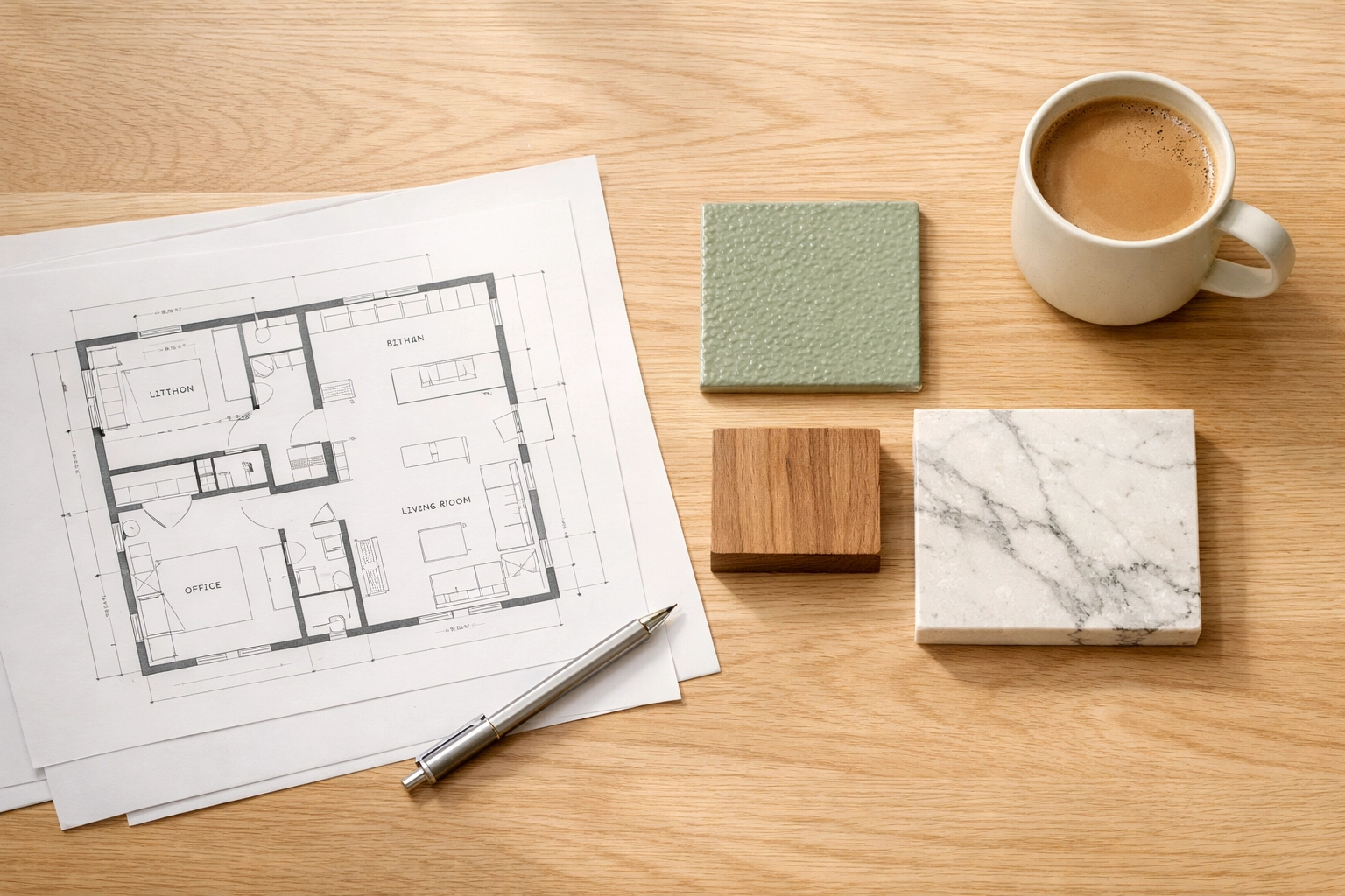 Interior design Derby workspace with architectural plans and luxury material samples for renovation.