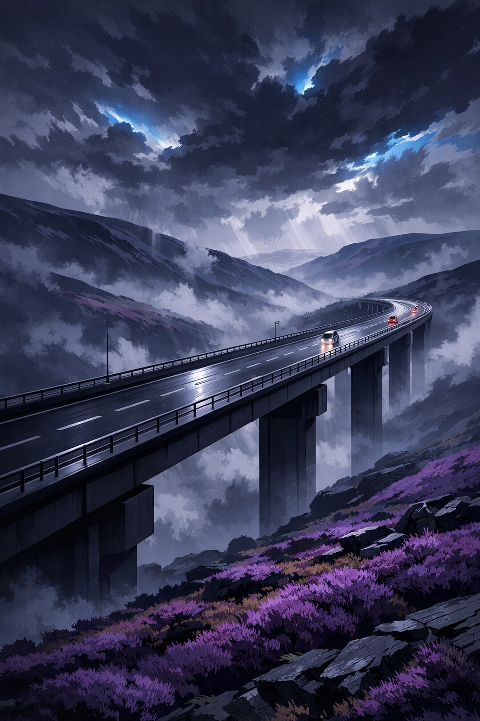 Class 1 HGV crossing a high-altitude motorway bridge over the rugged Pennine moors.