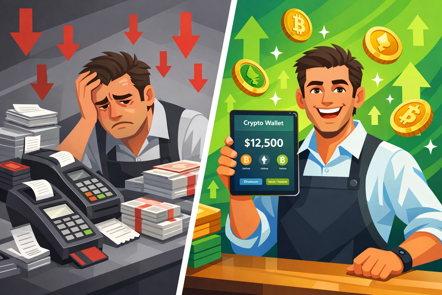 Merchant comparing high traditional payment fees versus low-cost crypto payment savings