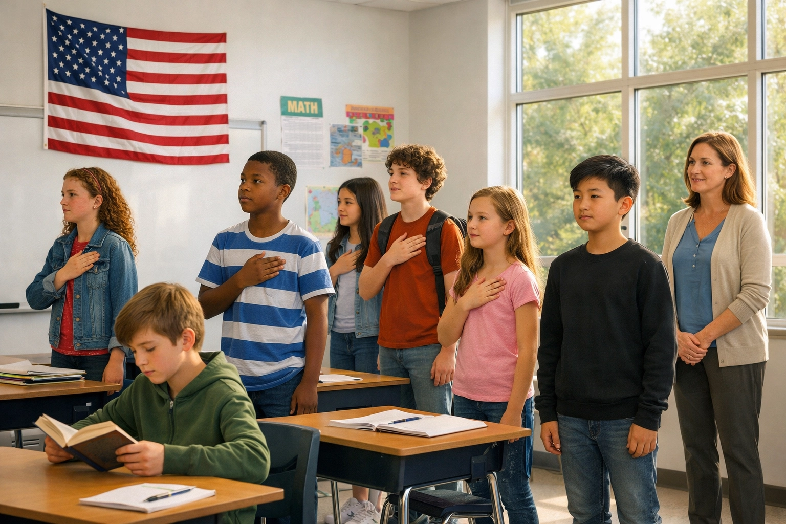 Students exercising choice during Pledge of Allegiance in classroom showing First Amendment rights in practice
