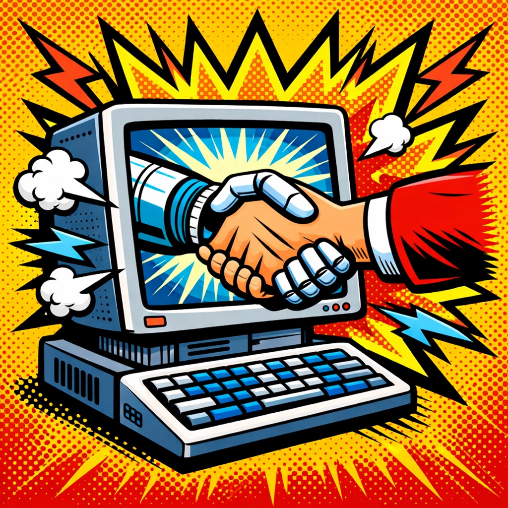 Pop art illustration of a robot shaking hands with a human, representing AI business automation on a website.