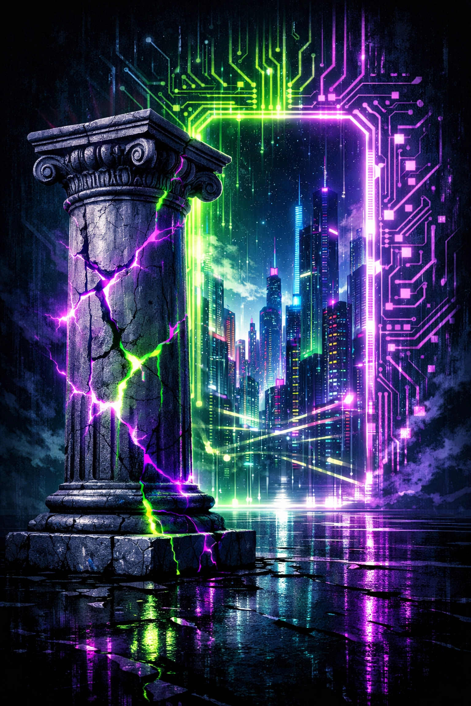 Cracked college pillar opening to a futuristic city, representing the leap from campus to an AI-driven career.