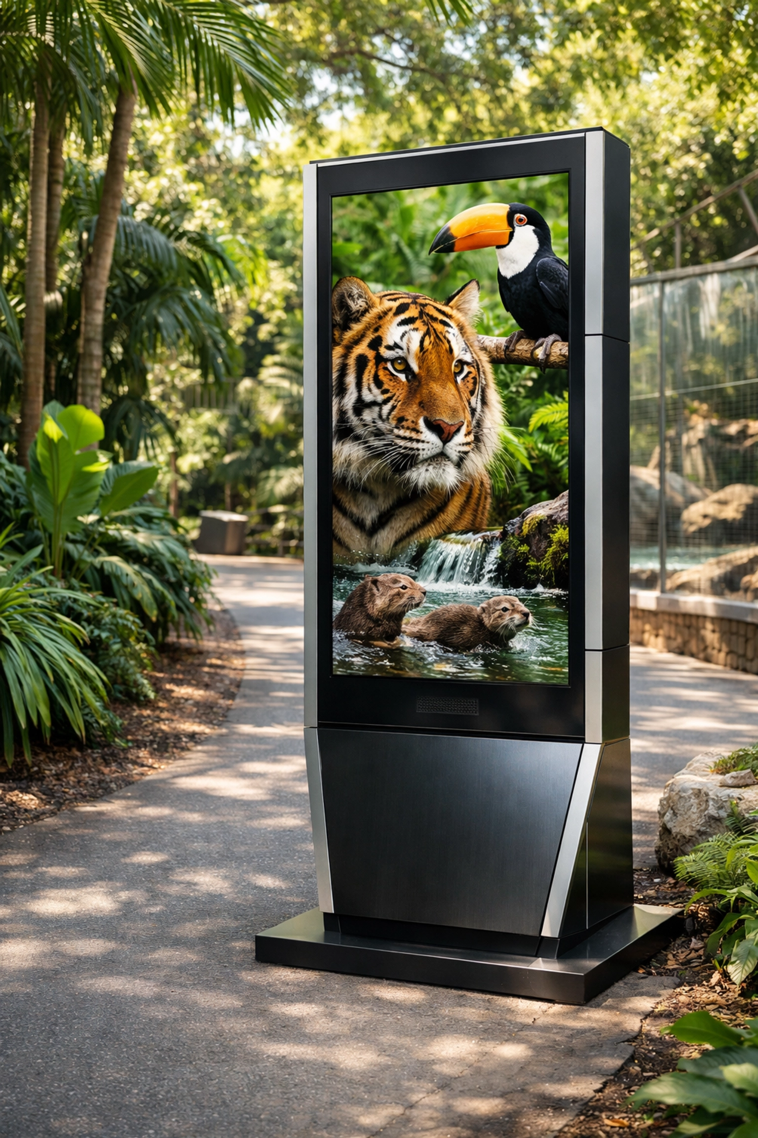 Modern digital signage kiosk in a zoo displaying high-definition wildlife content for visitor engagement.