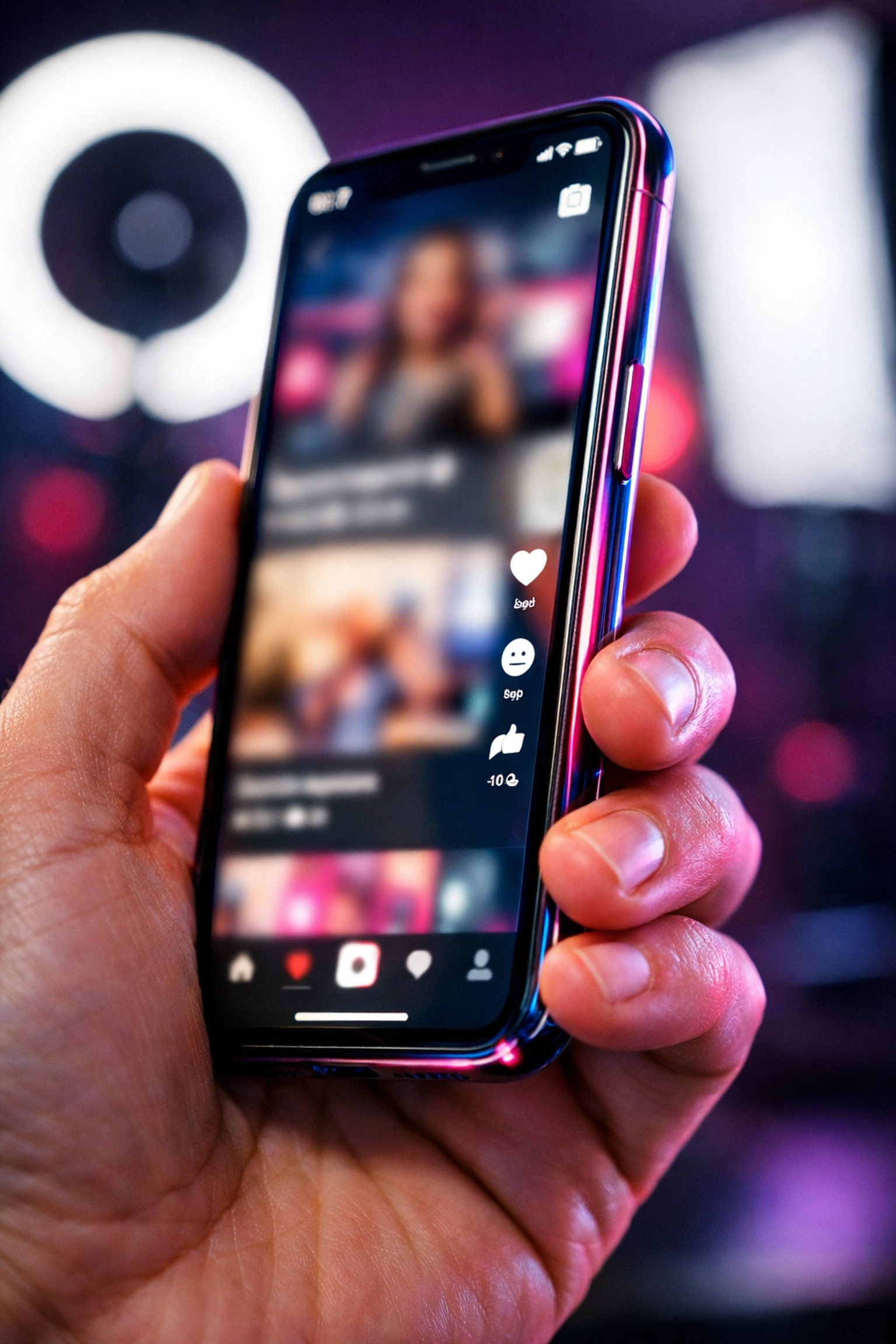 Artist using a smartphone to identify social media trends for a daily music marketing strategy.