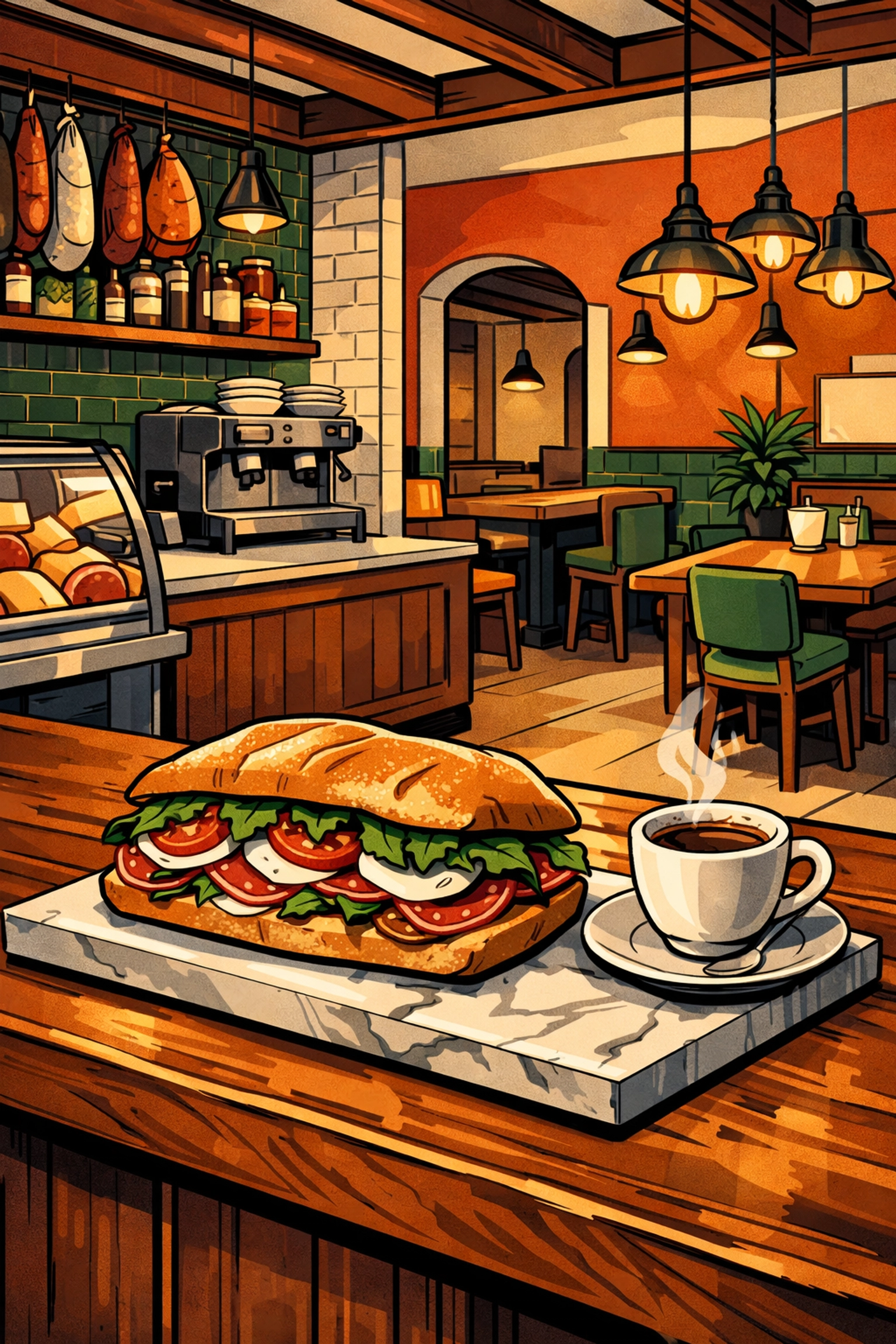 Interior illustration of Mozz & Co Italian deli, a community anchor near homes for sale in West Hartford.
