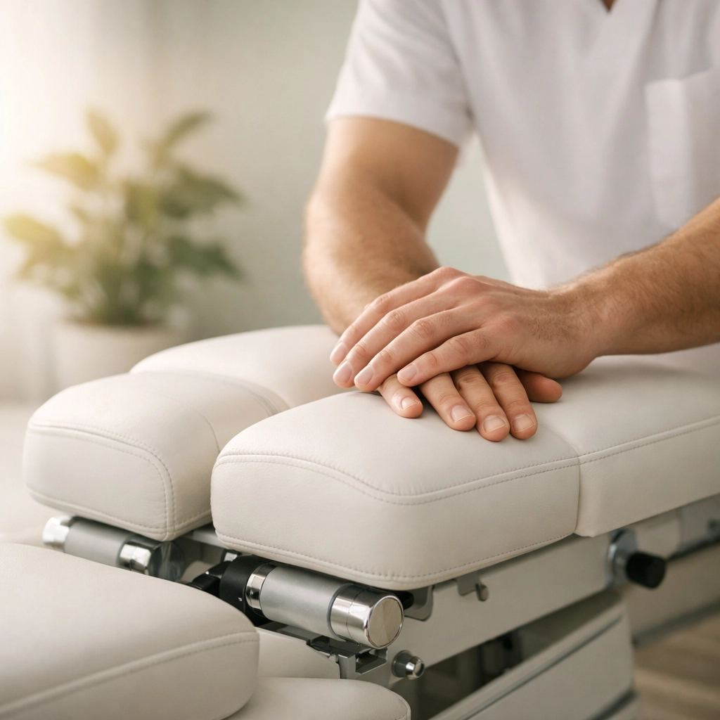 Professional chiropractor hands on a modern adjustment table in a bright, successful clinical setting.
