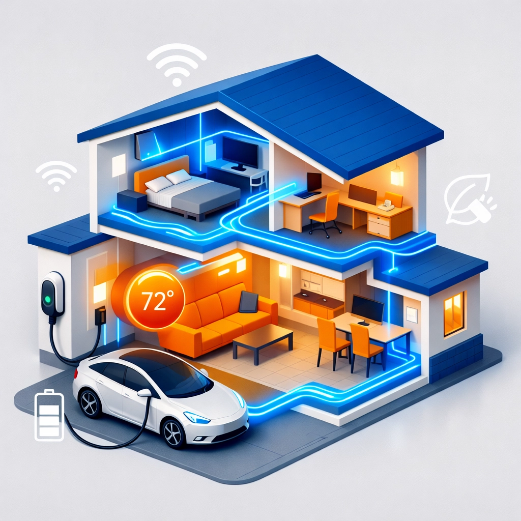 Isometric smart home illustration with EV charging and energy-efficient wiring for Surrey houses.
