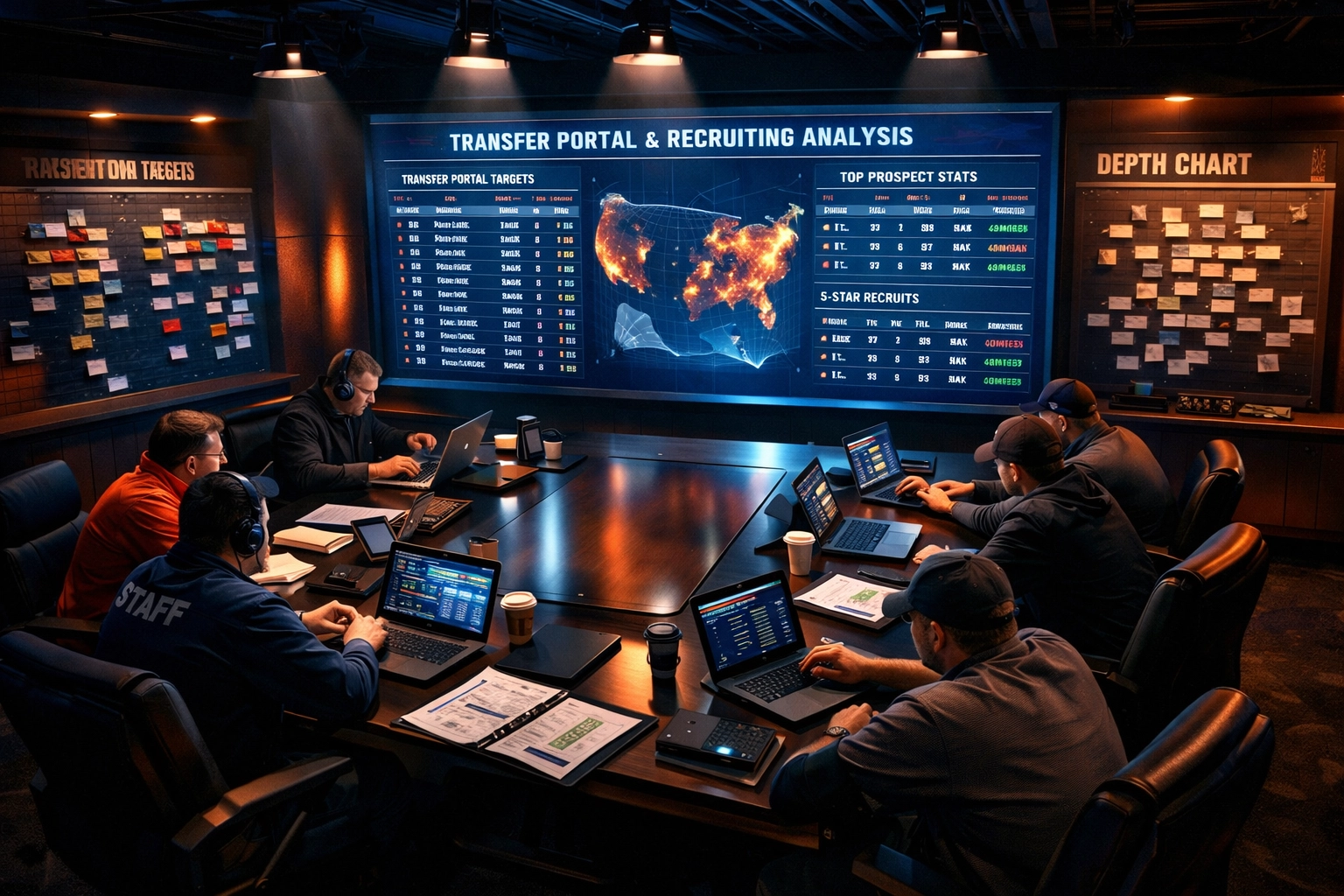 College football coaches strategizing in war room during NCAA recruiting dead period
