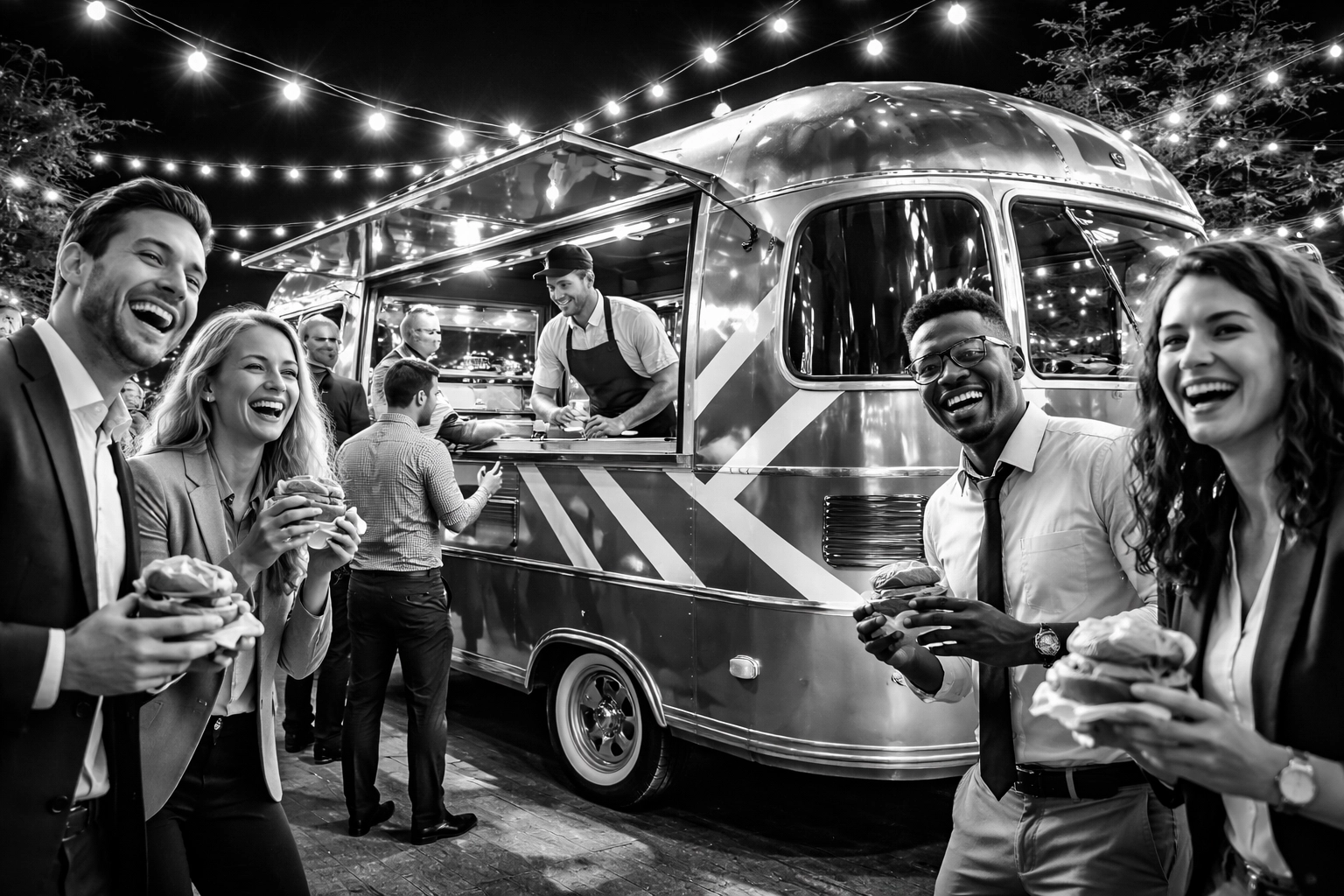 Retro food truck at a corporate event serving gourmet street food burgers to excited professionals under string lights