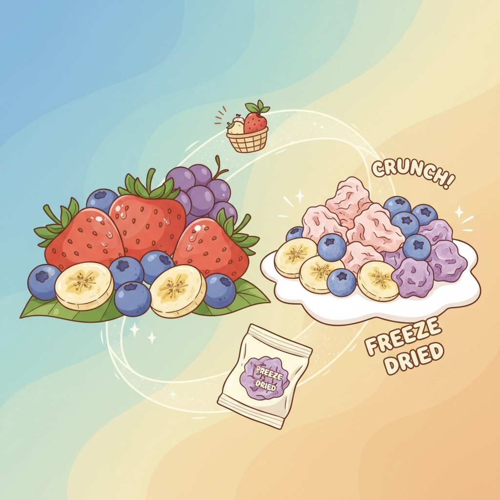 Animated freeze dried fruits before and after