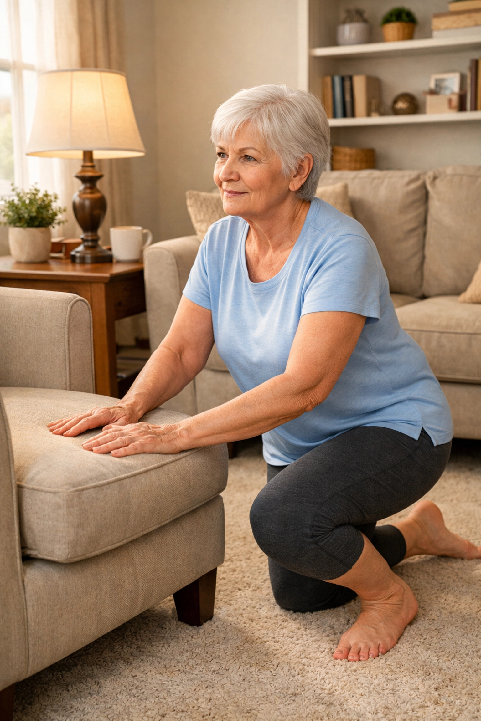 Senior woman in half-kneeling position using chair to get up after fall