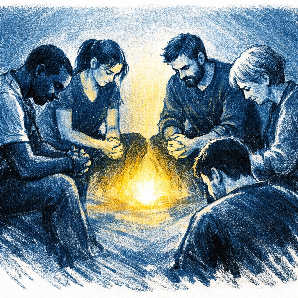 Diverse small group praying together in circle for healing and support