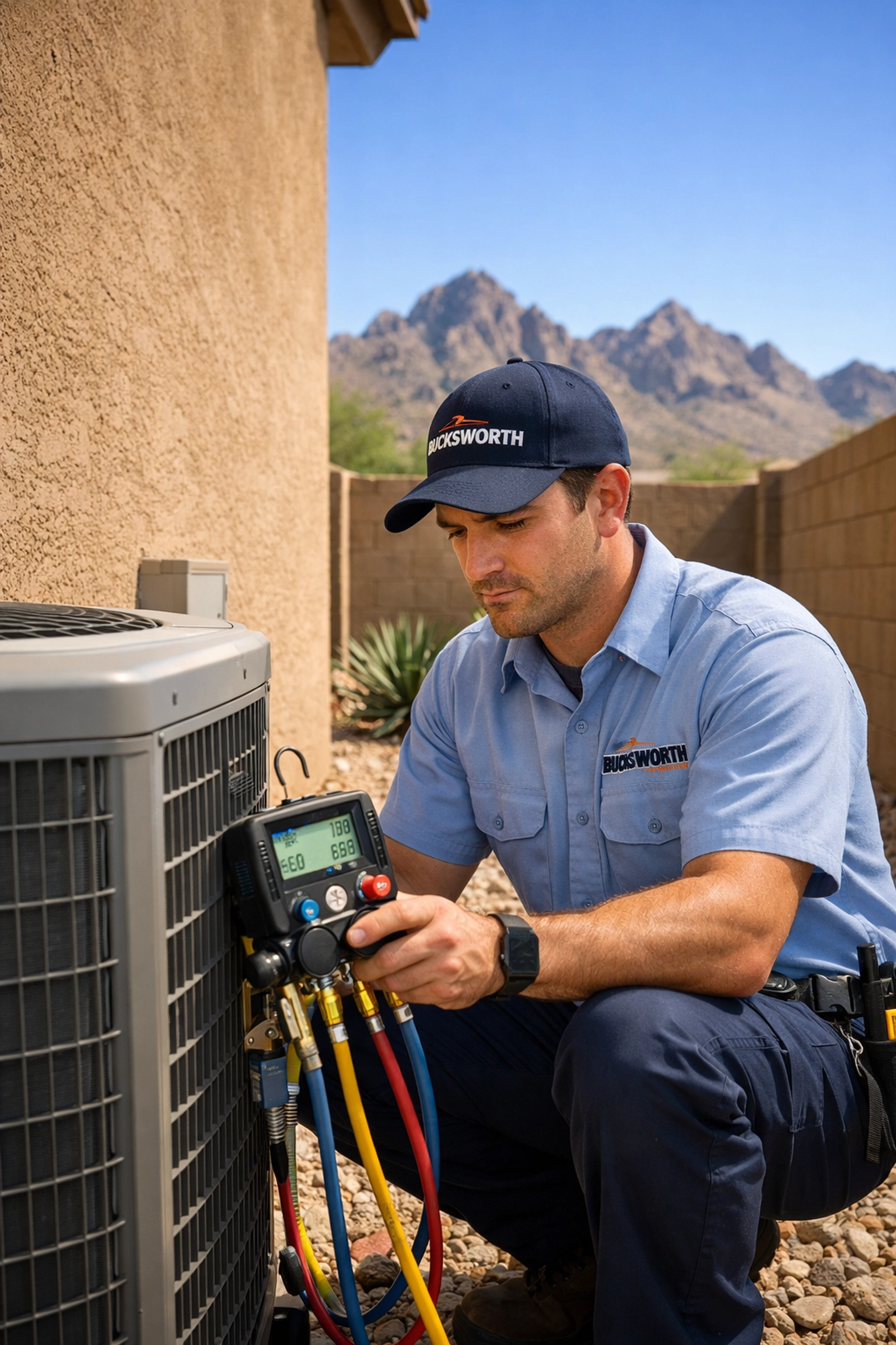 Bucksworth HVAC technician inspecting an air conditioner for AC repair in San Tan Valley AZ.