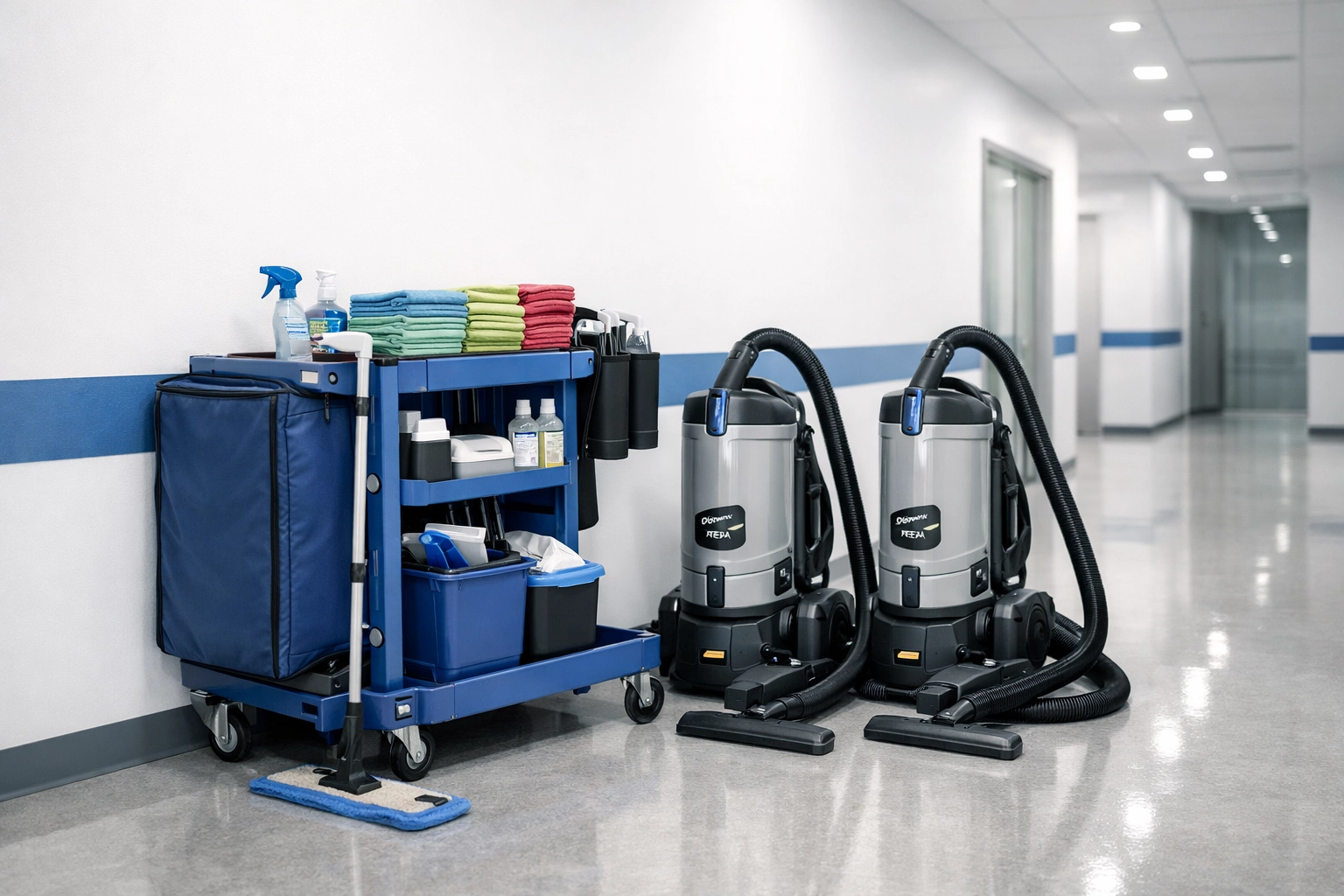 Professional cleaning equipment used for non-disruptive office maintenance and sanitization in Reading, MA.