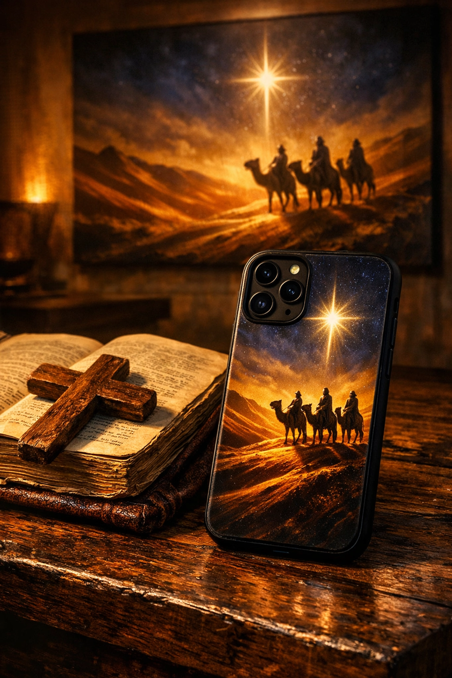 A Christian phone case with biblical art of the Three Wise Men next to an open leather Bible.