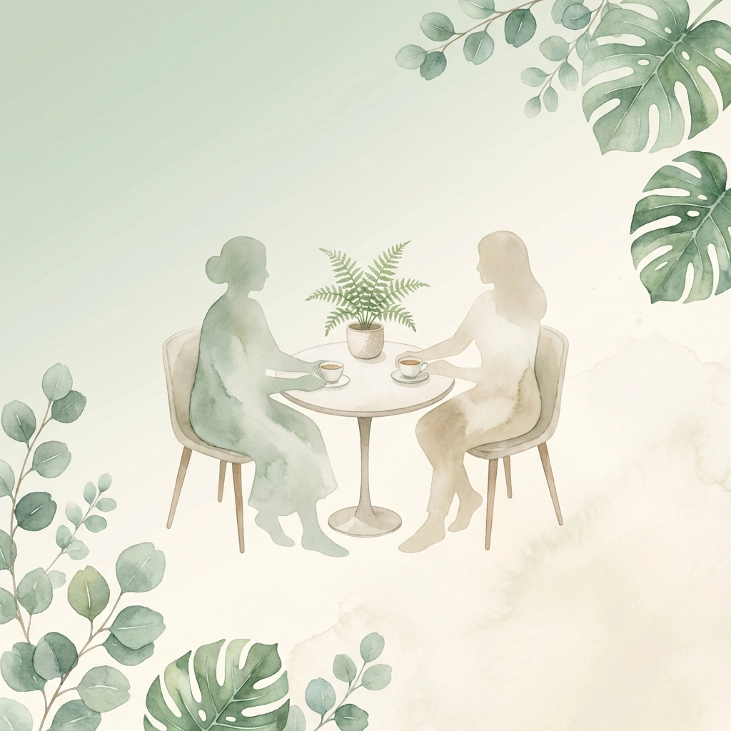 Serene consultation between holistic practitioner and client in a calming wellness setting with natural accents