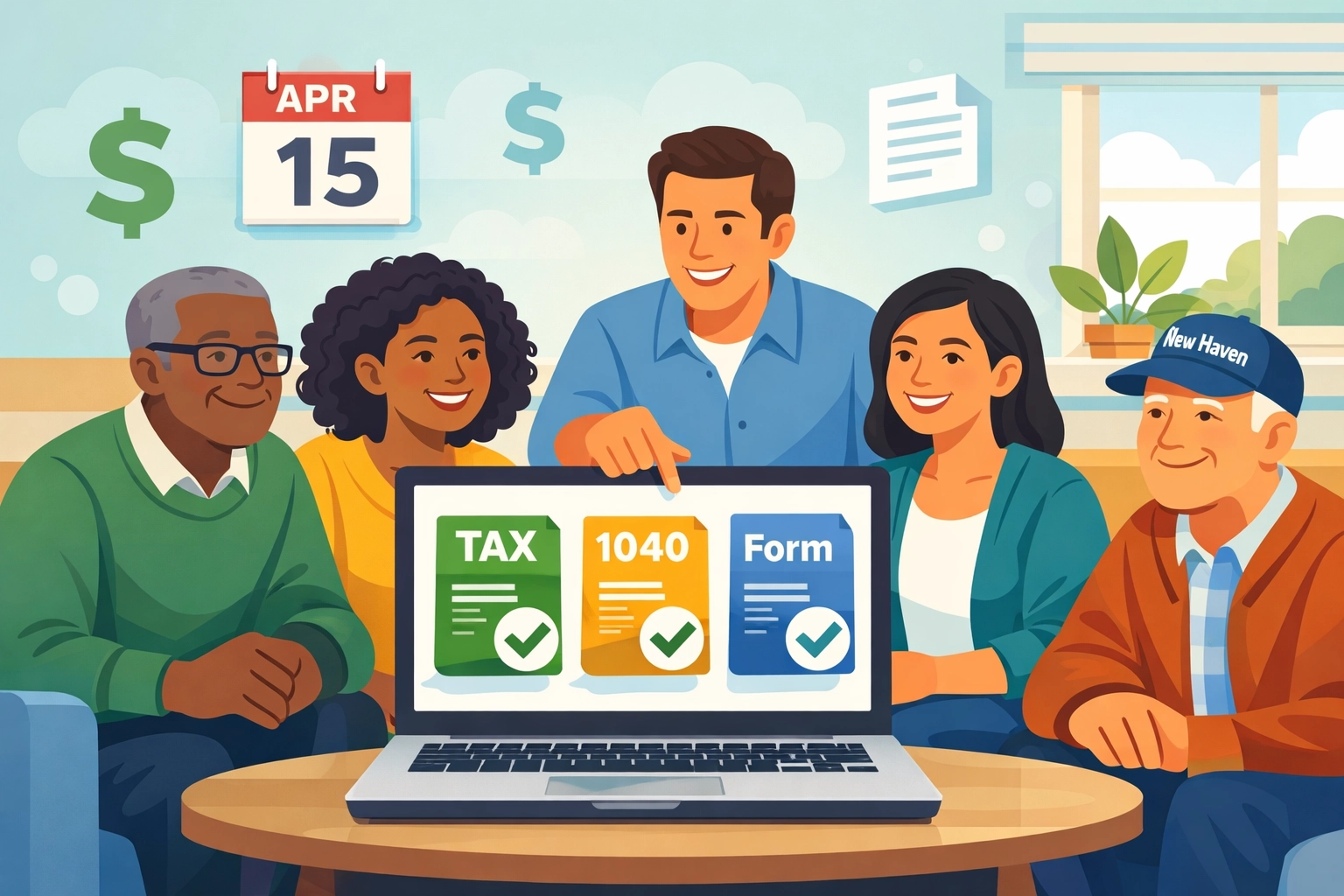 New Haven residents using free tax filing software together on laptop