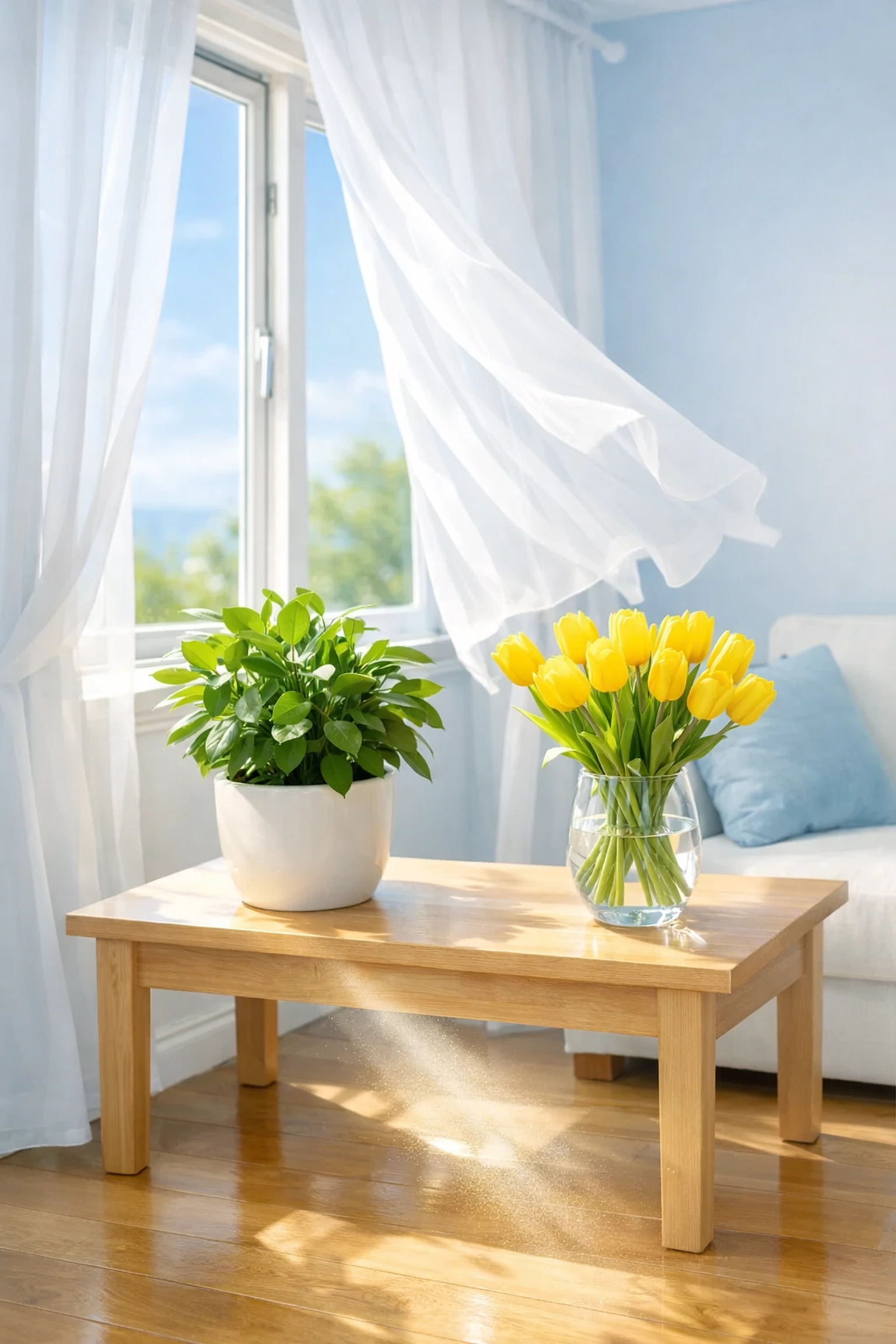 Sunlight on a dust-free hardwood floor showing the health benefits of cleaning services near me.