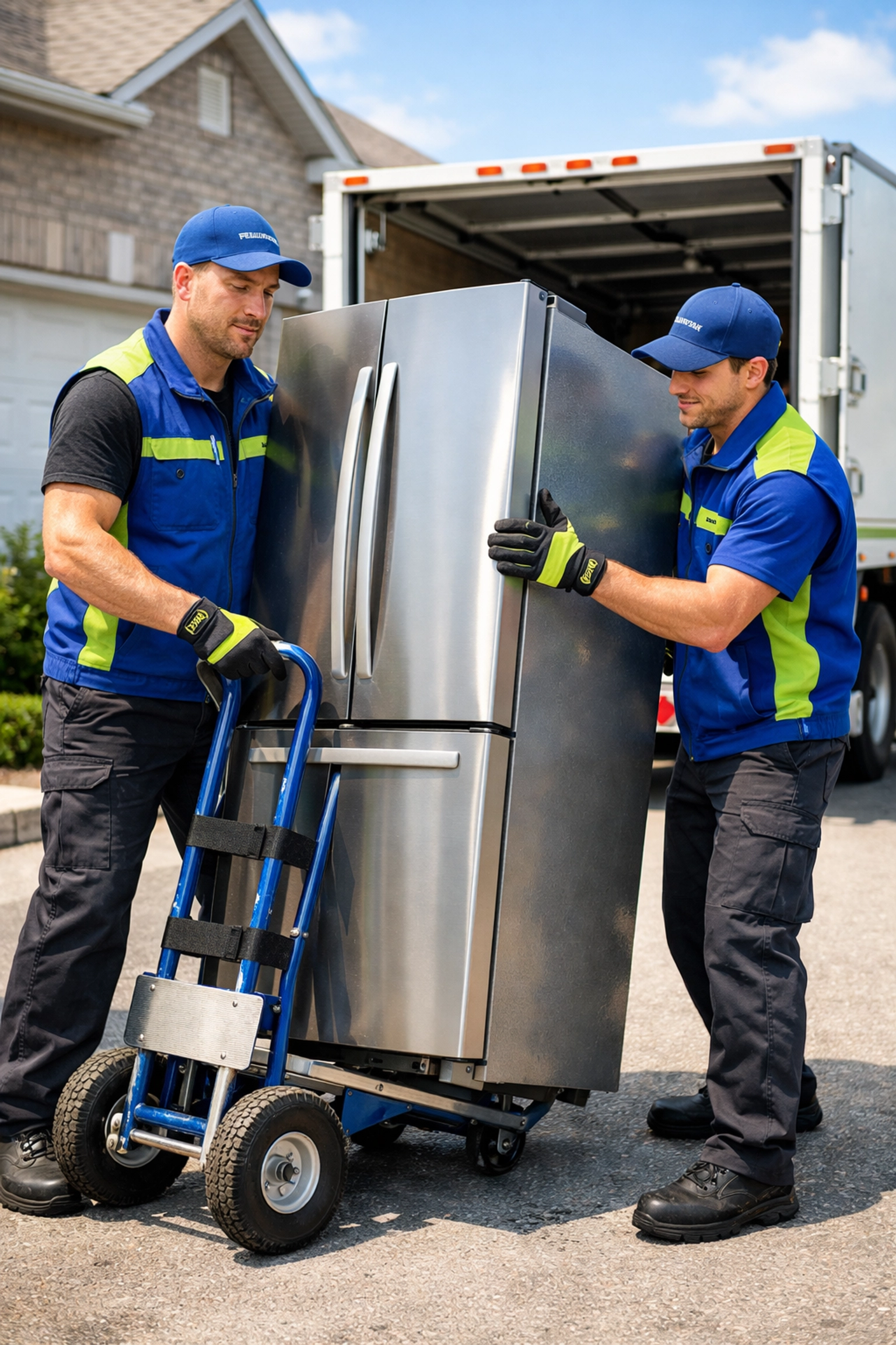 Professional junk removal in Barrie: Junk GTA team moving a stainless steel fridge for responsible recycling.