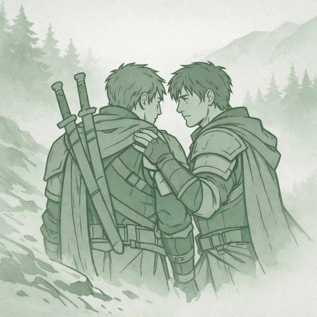 Two male witchers reunite on misty mountain path in MM fantasy romance