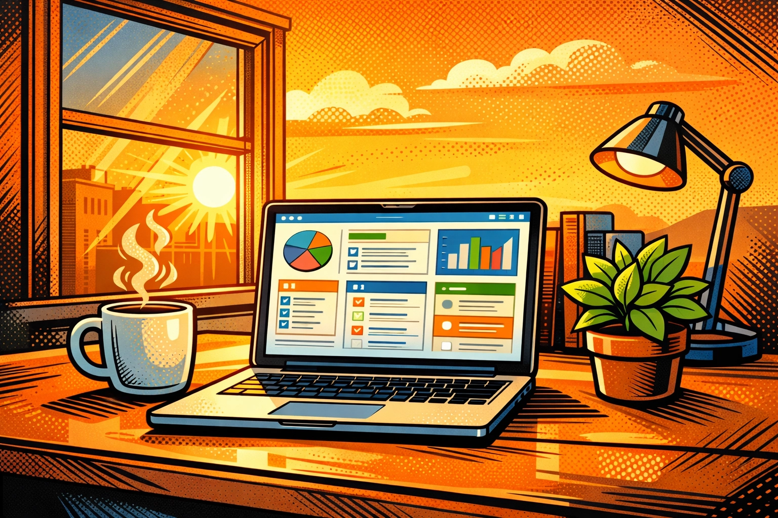 Organized workspace with single laptop showing streamlined workflow automation for small business