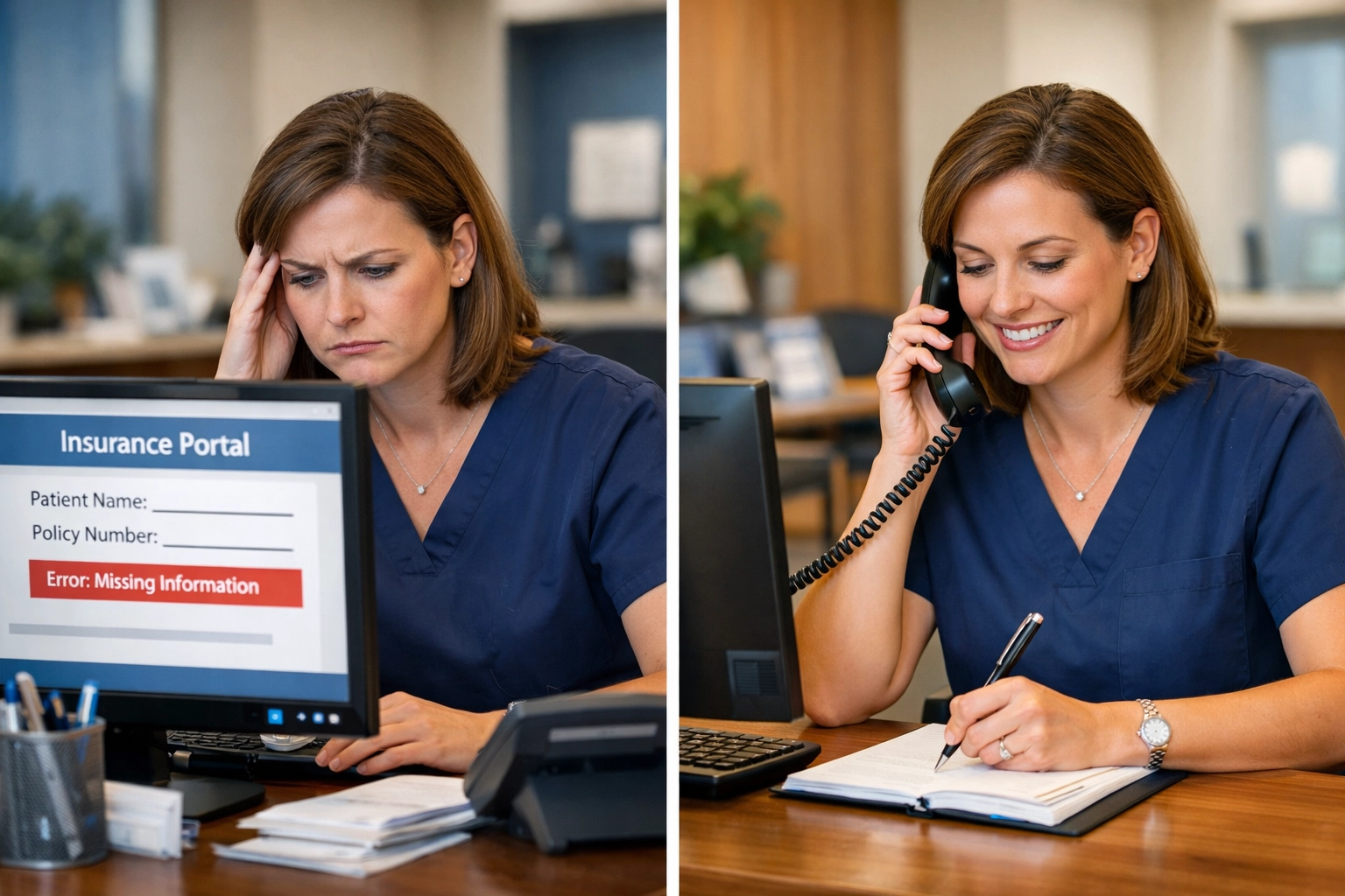 Healthcare receptionist comparing online insurance portal verification with phone call to insurance company