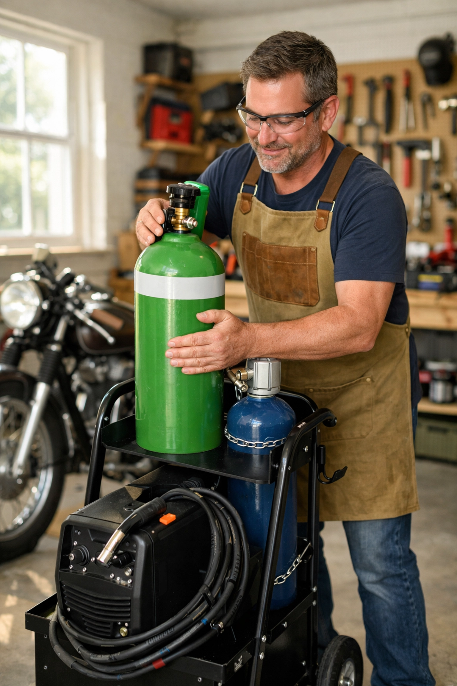 A DIY enthusiast lifts a 10L MIG gas bottle onto a welding trolley in a home garage workshop.