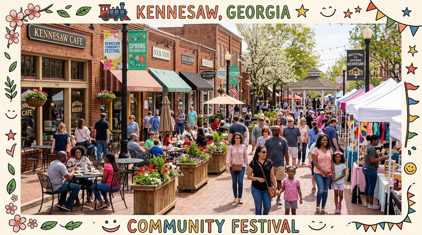 A vibrant community festival in historic downtown Kennesaw with hand-drawn frame accents