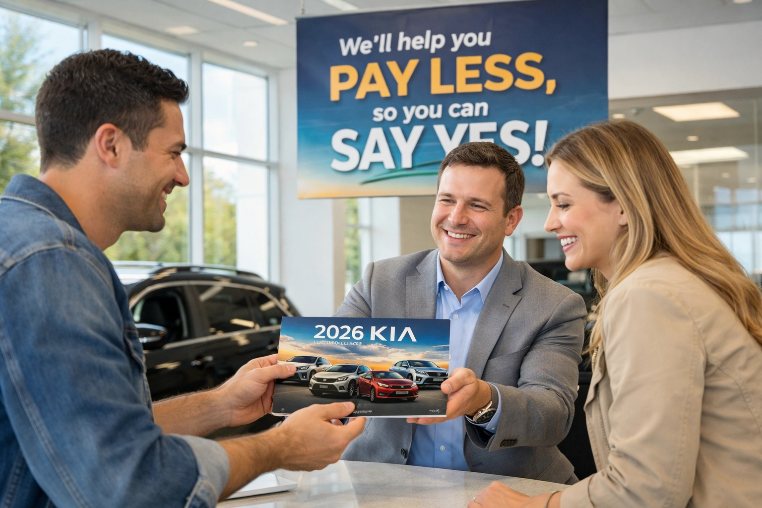 Friendly staff at Roseville Kia handing a 2026 Kia full-line brochure to customers in the showroom.