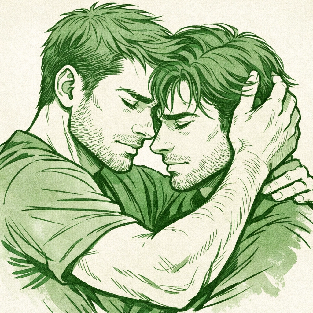 Emotional embrace between two men showcasing high-angst themes and heartfelt connection in MM romance novels.