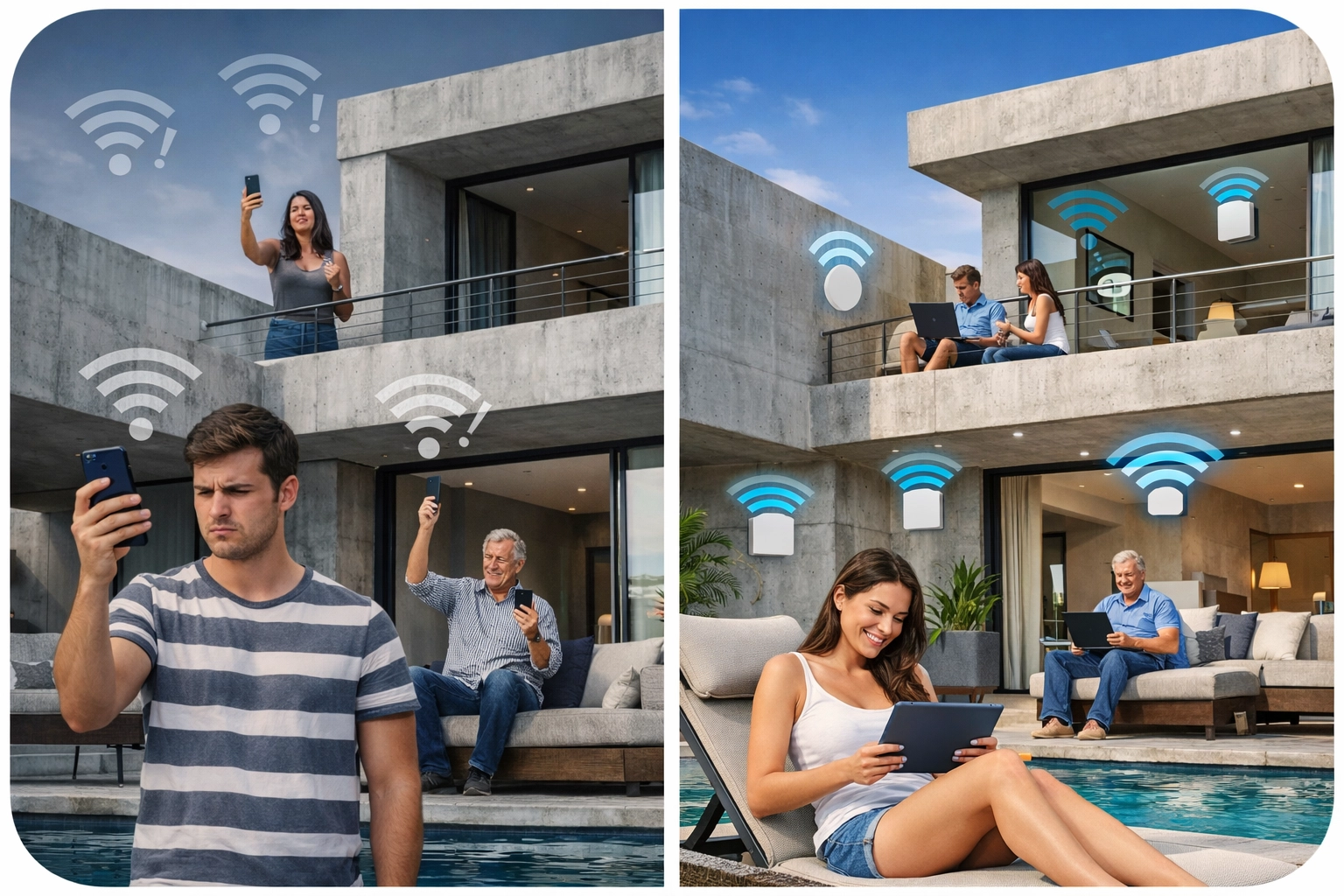 Comparison of WiFi dead zones versus complete coverage with managed network in multi-level villa